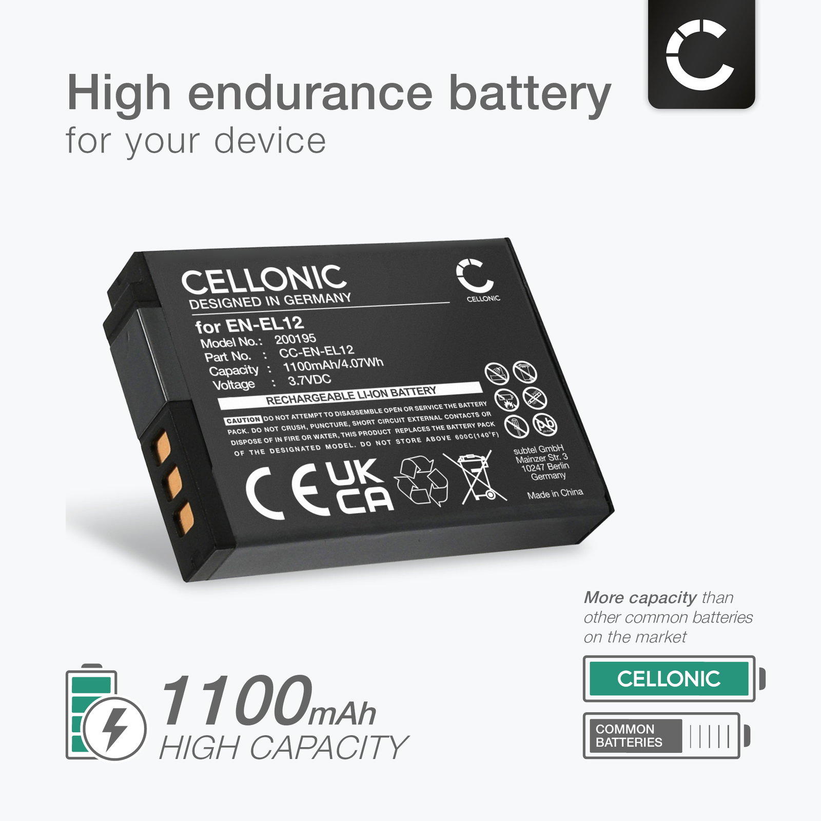 EN-EL12 Battery for Nikon Coolpix W300 A900 A1000 S9500 B600