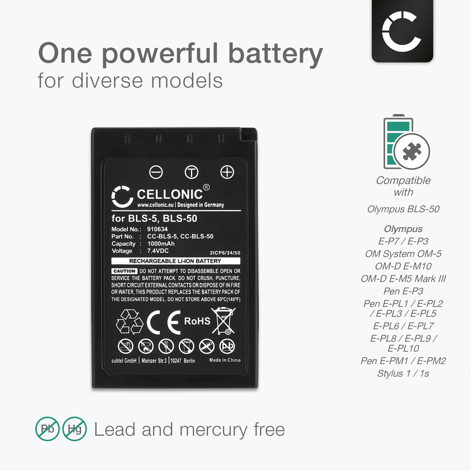 EXTENSILO 2x batteria compatibile con Olympus E-1, E-3, E-30, E-300, E-330, E-500, E-510 fotocamera digitale DSLR (1900mAh, 7,4V, Li-Ion