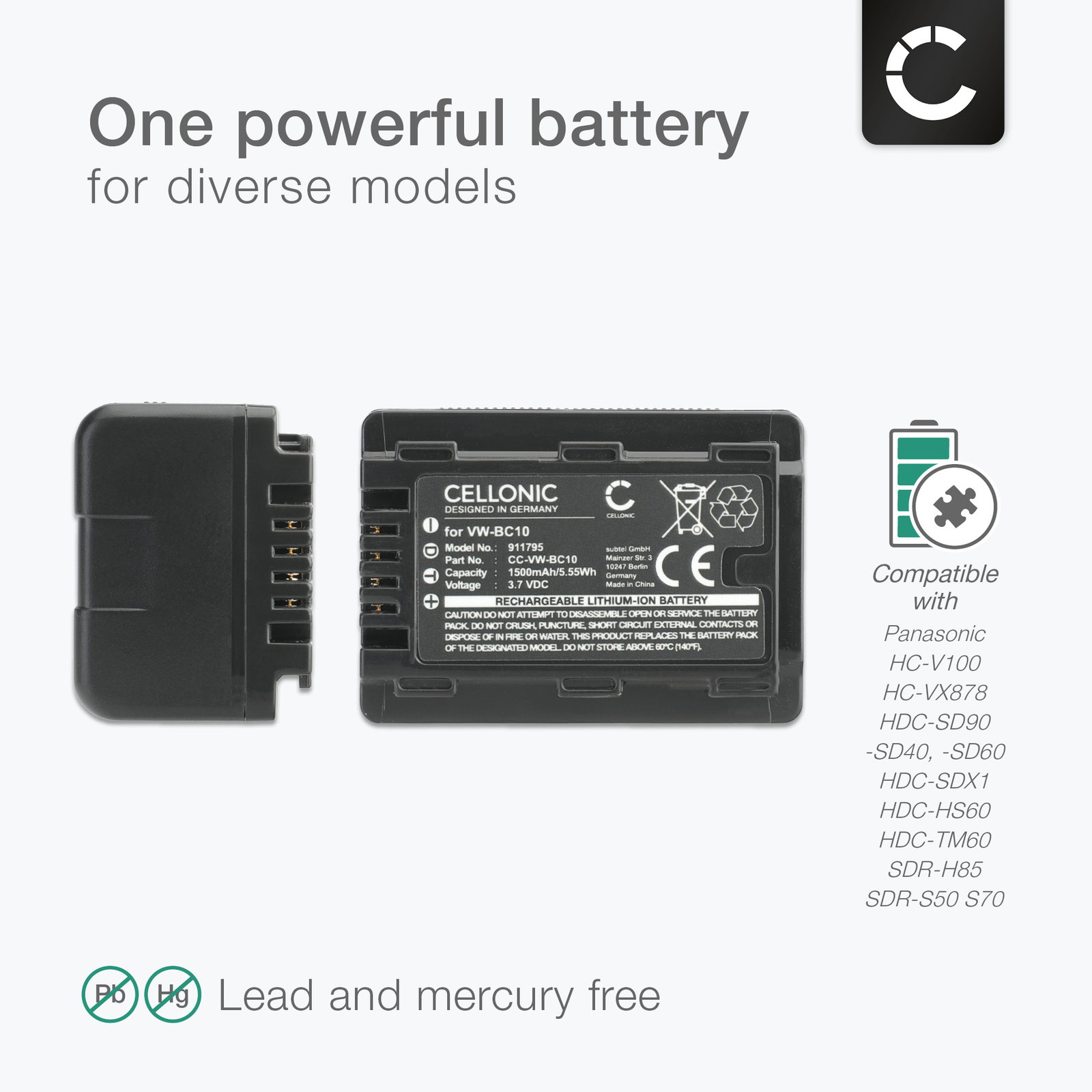 Vhbw Batteria Compatibile 1100mAh Per Panasonic HC-X900, HC-X800, HC-X810, Sostituisce VW-VBN130, Li-Ion Con Infochip