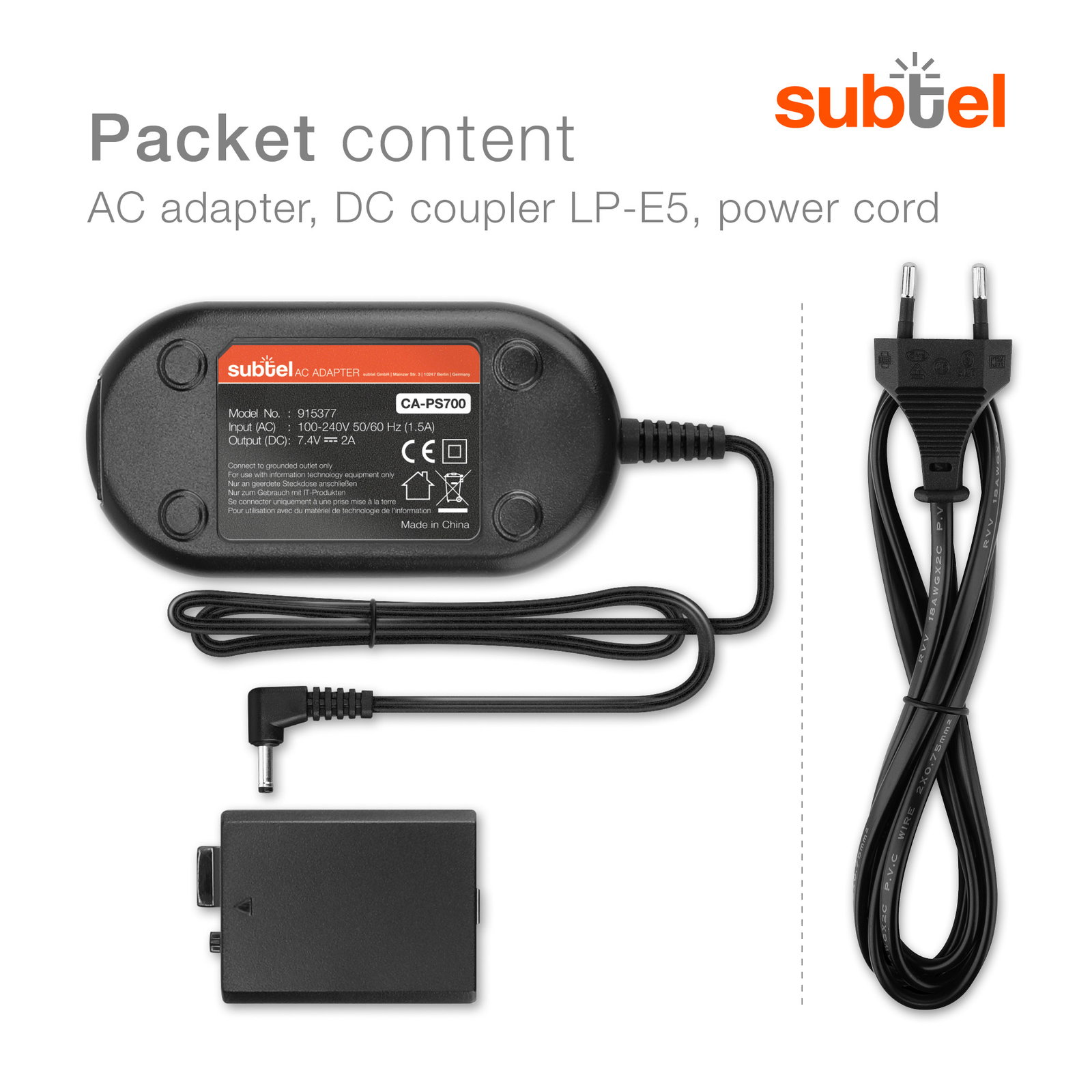 Power Supply for Canon 500D, 1000D, 450D, Rebel XS, CAPS700