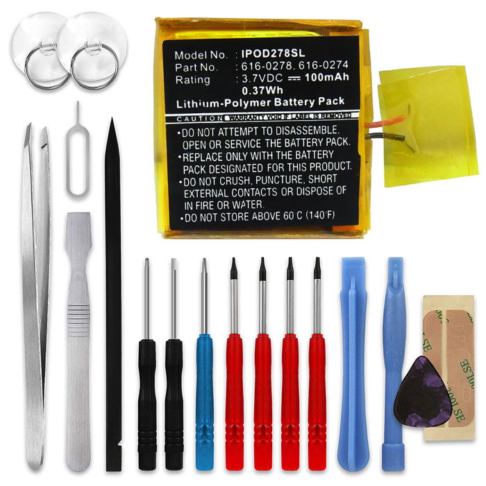 616-0274 616-0278 Battery Replacement for Apple iPod Shuffle 2 Gen. (! 1GB !) (A1204) /MP3 / MP4 Player - 100mAh 3.6V - 3.7V Lithium Polymer + Tool-kit