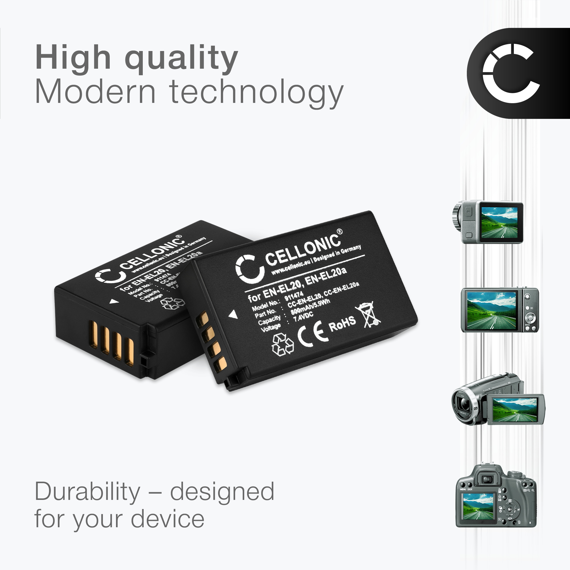 Creabest EN-EL20 Battery & Charger Kit – For Nikon Coolpix P1000 P950, Nikon 1 Series – 2x 1350mAh Li-Ion