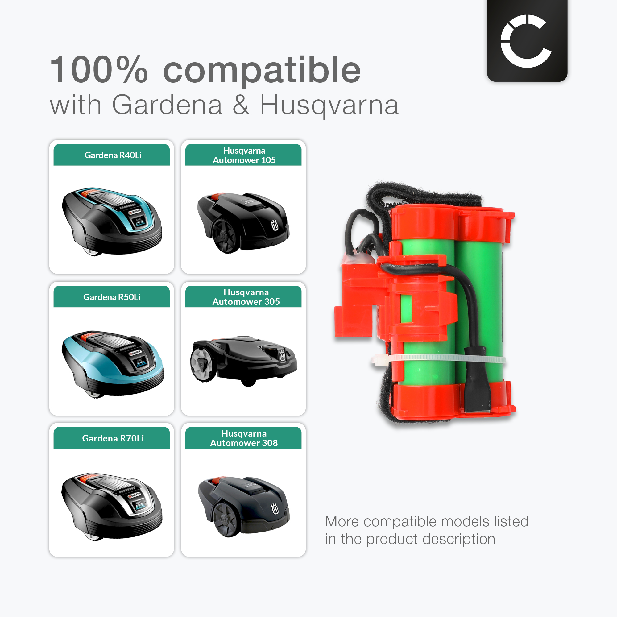 Exmate 18V 2500mAh Akku passend für Gardena R38Li, R40Li, R45Li, R50Li, R70Li, R75Li, R80Li Exmate 18V 2500mAh Akku passend für Gardena R38Li, R40Li, R45Li, R50Li, R70Li, R75Li, R80Li