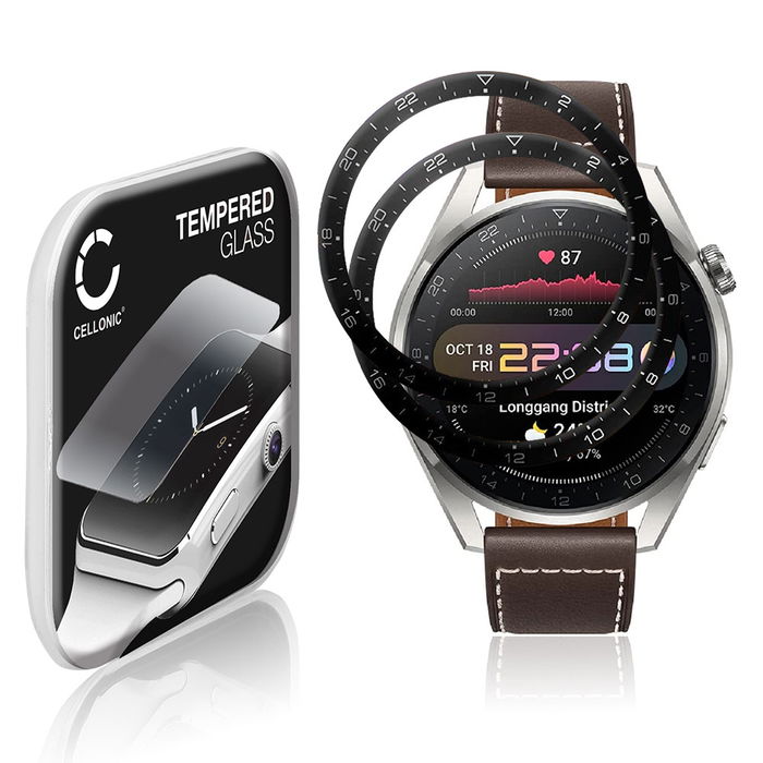 2x CELLONIC Screen Protector for Huawei Watch 3 Pro Fitness Tracker Smart Watch Face Protector - 3D Full Cover 0,33mm Full Glue 9H Tempered Glass Display Cover Crystal Clear
