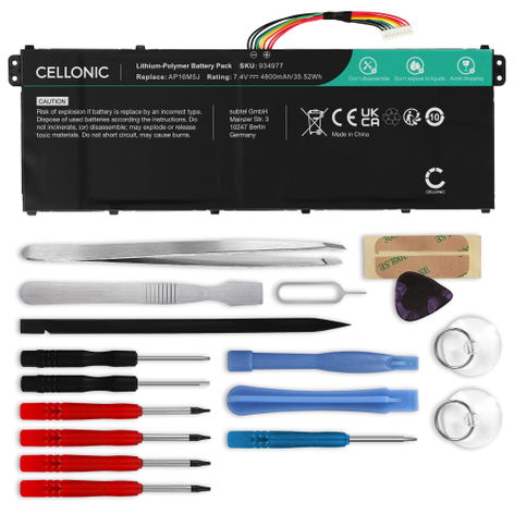Battery for Acer Aspire 1 A114, 3 A315 Series, 3 A315-51-388S AP16M5J (4800mAh, 7.4V) + Tool-kit from CELLONIC