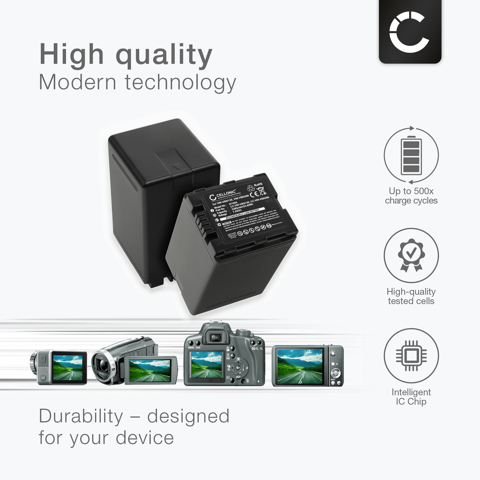 2x Panasonic VW-VBN130 Battery 3300mAh from Cellonic