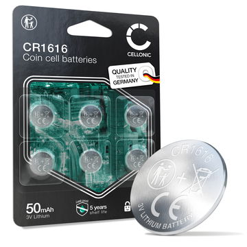 CELLONIC CR1616 Coin Cell Batteries (Lithium-Mangandioxid (Li / MnO2), 50mAh, 3V) for Car Key Fobs, Watches, Sensors - x6-Pack