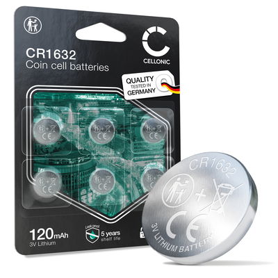 CELLONIC CR1632 Coin Cell Batteries (Lithium-Mangandioxid (Li / MnO2), 120mAh, 3V) for Car Key Fobs, LED Devices, Bike Computers - x6-Pack